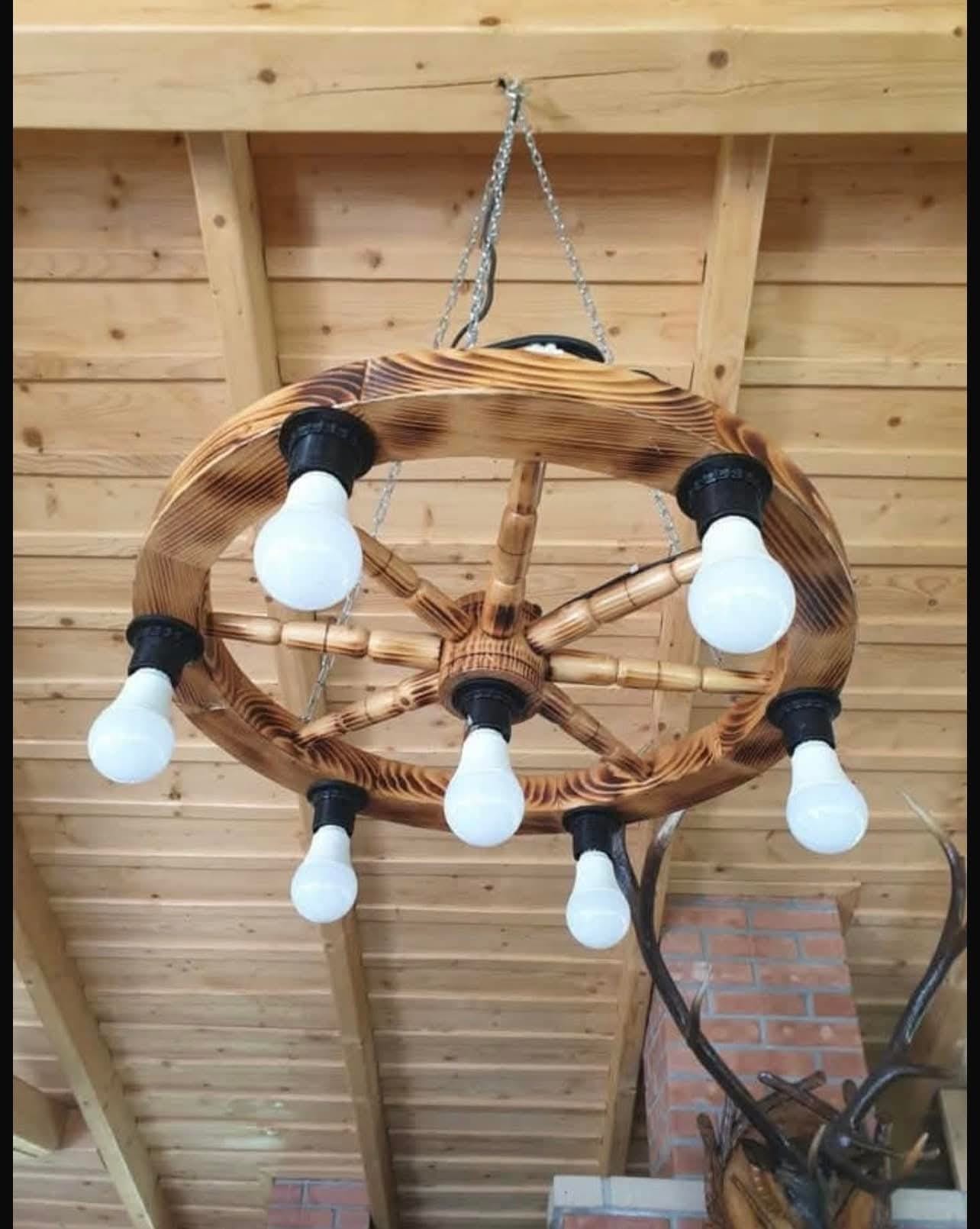 Lustră Rustică din Lemn – Model Roată de Căruță - imagine 7