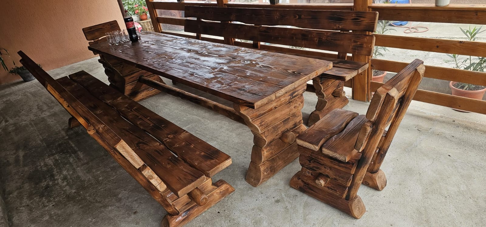 Set Rustic cu Masă și Bănci – Model Clasic cu Picioare Suprapuse - imagine 9